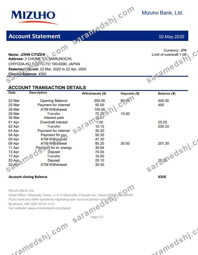 Japan Mizuho Bank statement